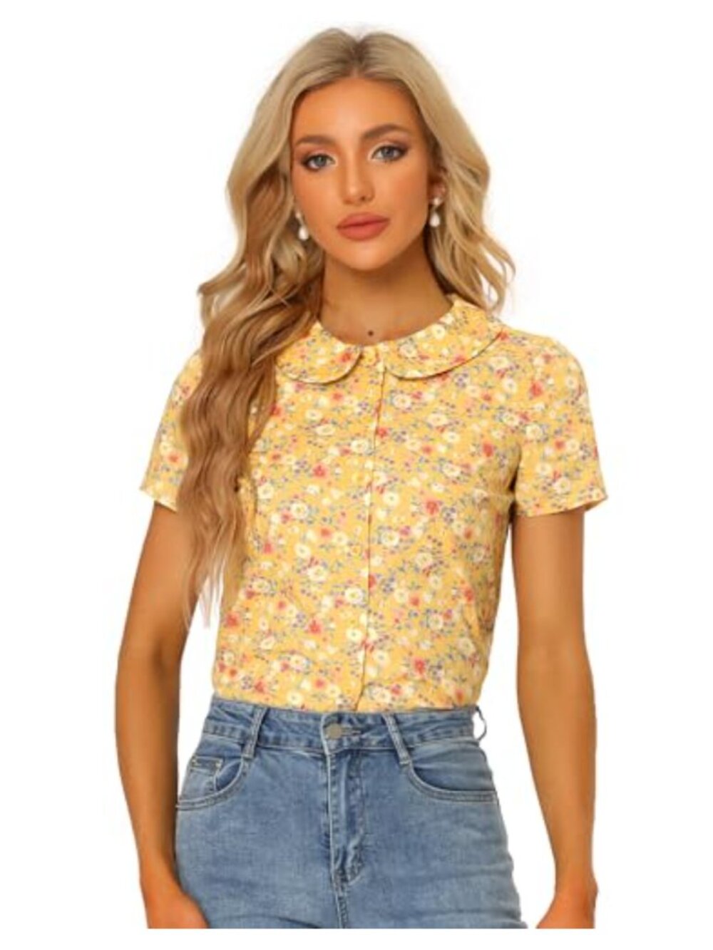 Vintage Floral Peter Pan Collar Button Front Blouse Short Sleeve 100% Cotton